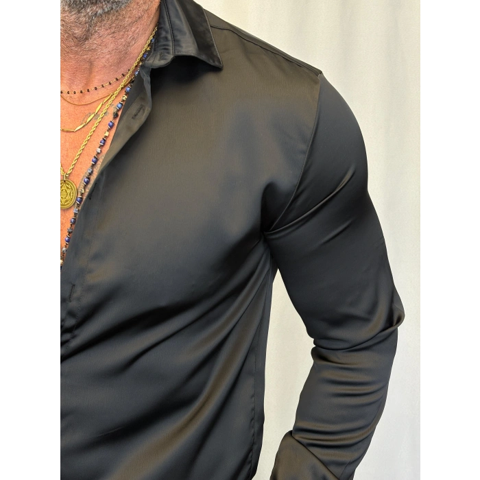 İnce Saten Gömlek Siyah