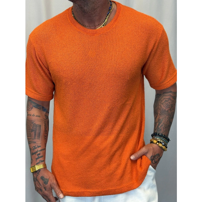 İnce Triko Bisiklet Yaka T-Shirt Turuncu