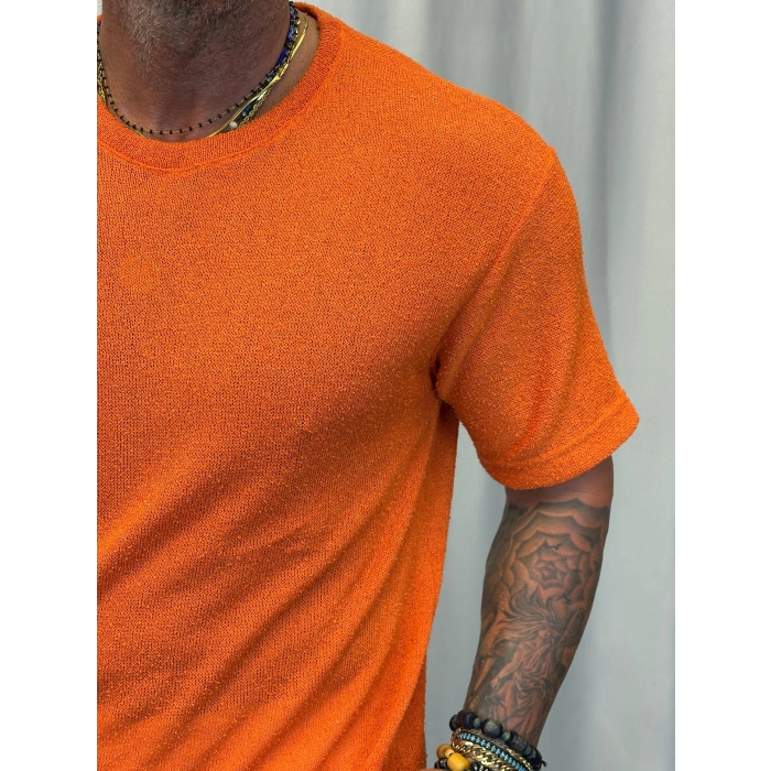 İnce Triko Bisiklet Yaka T-Shirt Turuncu