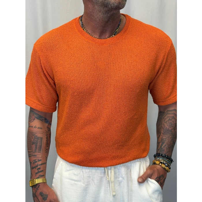 İnce Triko Bisiklet Yaka T-Shirt Turuncu