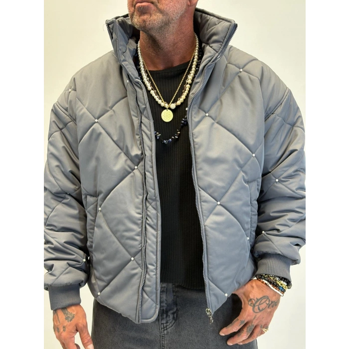 İnci Detaylı Kapitone Mont Gri