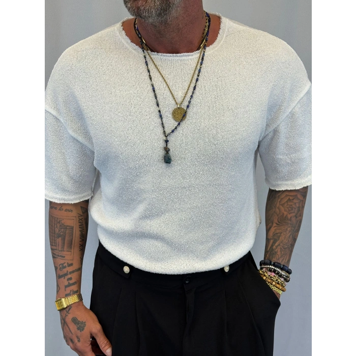 İnce Triko Oversize T-Shirt Beyaz