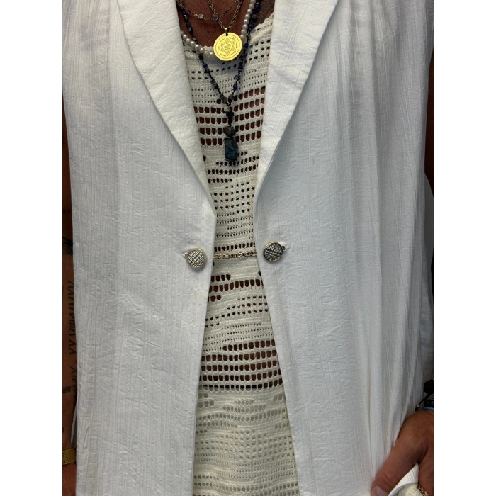 İpek Desenli Düğme Detaylı Takım Beyaz