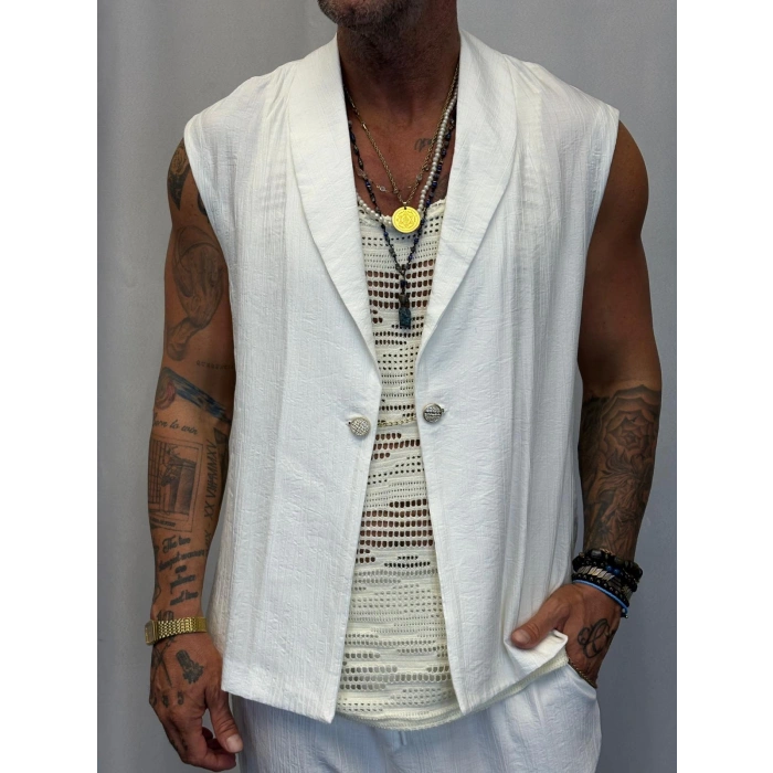 İpek Desenli Düğme Detaylı Takım Beyaz