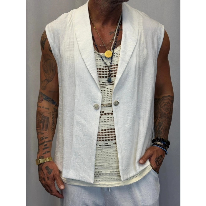 İpek Desenli Düğme Detaylı Takım Beyaz