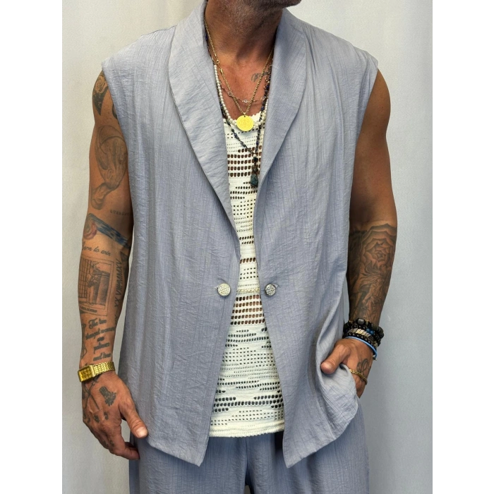 İpek Desenli Düğme Detaylı Takım Gri