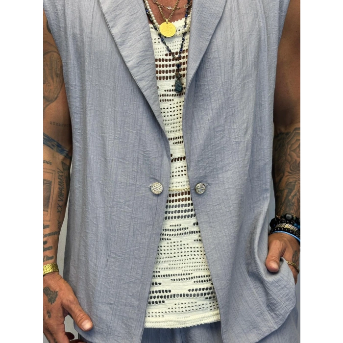 İpek Desenli Düğme Detaylı Takım Gri