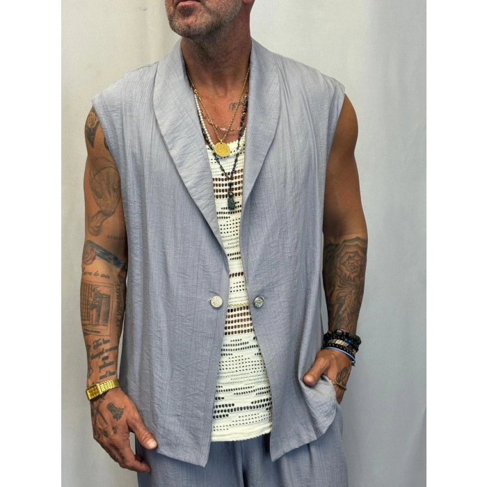 İpek Desenli Düğme Detaylı Takım Gri