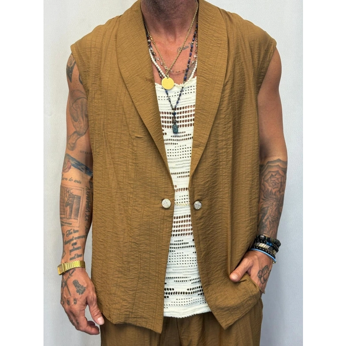 İpek Desenli Düğme Detaylı Takım Kahverengi