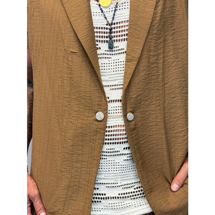 İpek Desenli Düğme Detaylı Takım Kahverengi