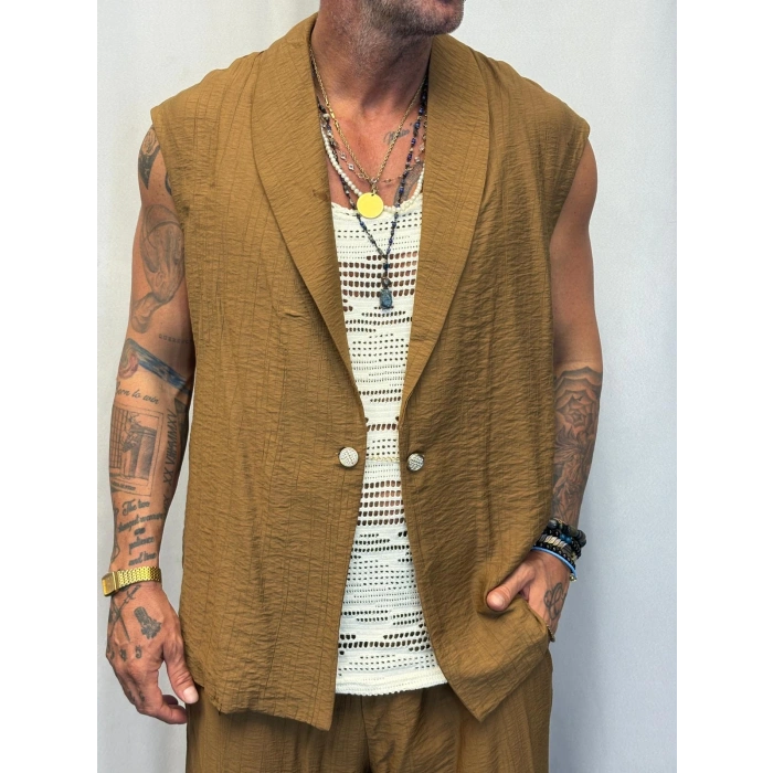 İpek Desenli Düğme Detaylı Takım Kahverengi