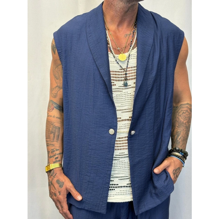 İpek Desenli Düğme Detaylı Takım Lacivert