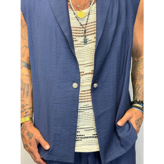 İpek Desenli Düğme Detaylı Takım Lacivert