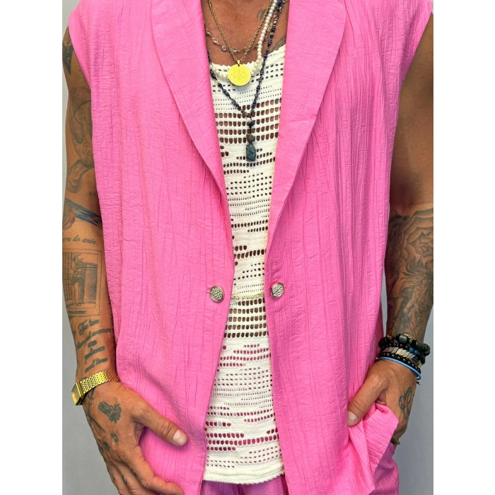 İpek Desenli Düğme Detaylı Takım Pembe