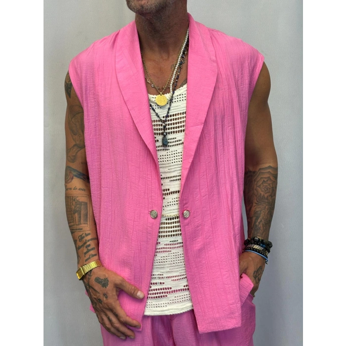 İpek Desenli Düğme Detaylı Takım Pembe