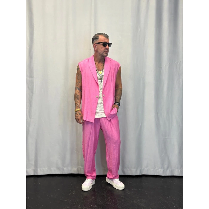 İpek Desenli Düğme Detaylı Takım Pembe