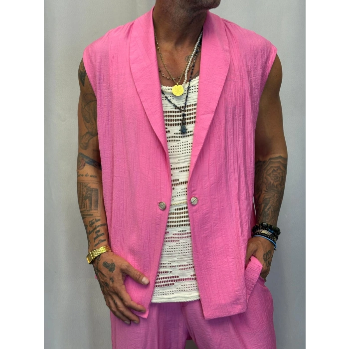 İpek Desenli Düğme Detaylı Takım Pembe