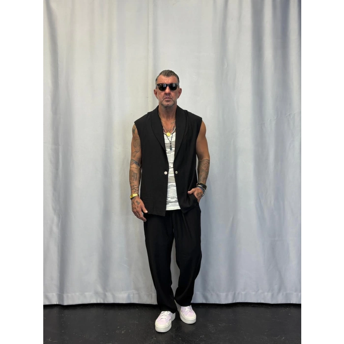 İpek Desenli Düğme Detaylı Takım Siyah