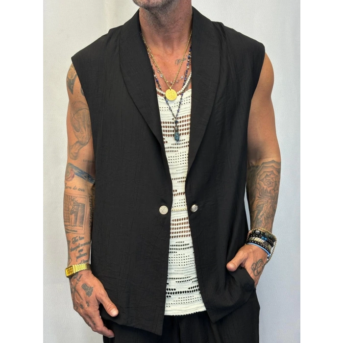 İpek Desenli Düğme Detaylı Takım Siyah