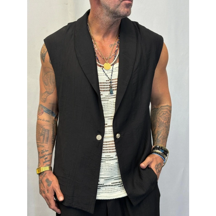 İpek Desenli Düğme Detaylı Takım Siyah