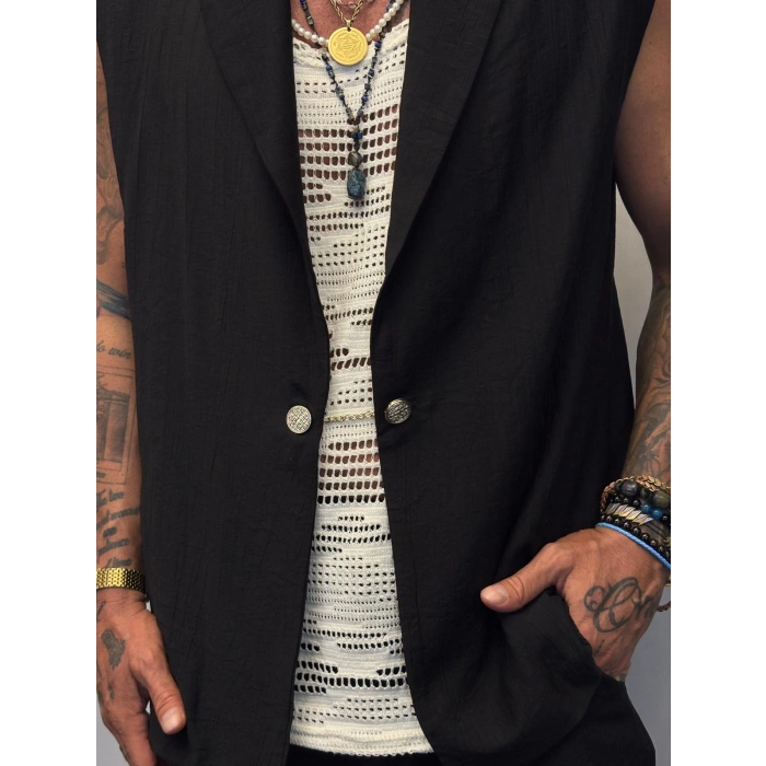 İpek Desenli Düğme Detaylı Takım Siyah