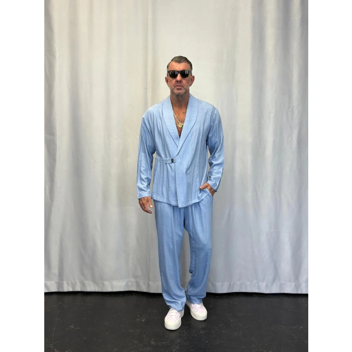 İpek Desenli Takım Elbise Açık Mavi