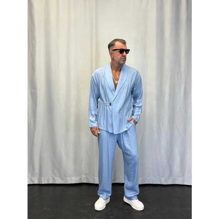 İpek Desenli Takım Elbise Açık Mavi