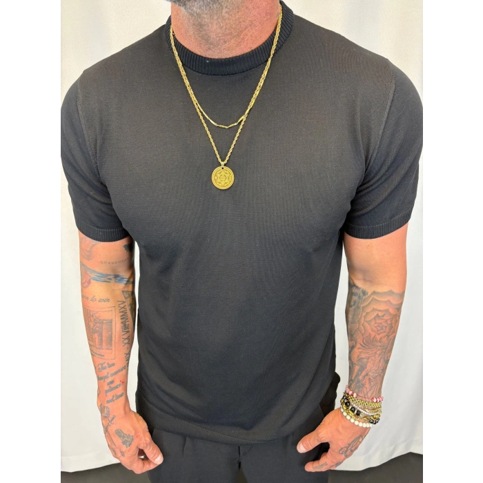 İpek Triko Bisiklet Yaka T-Shirt Siyah