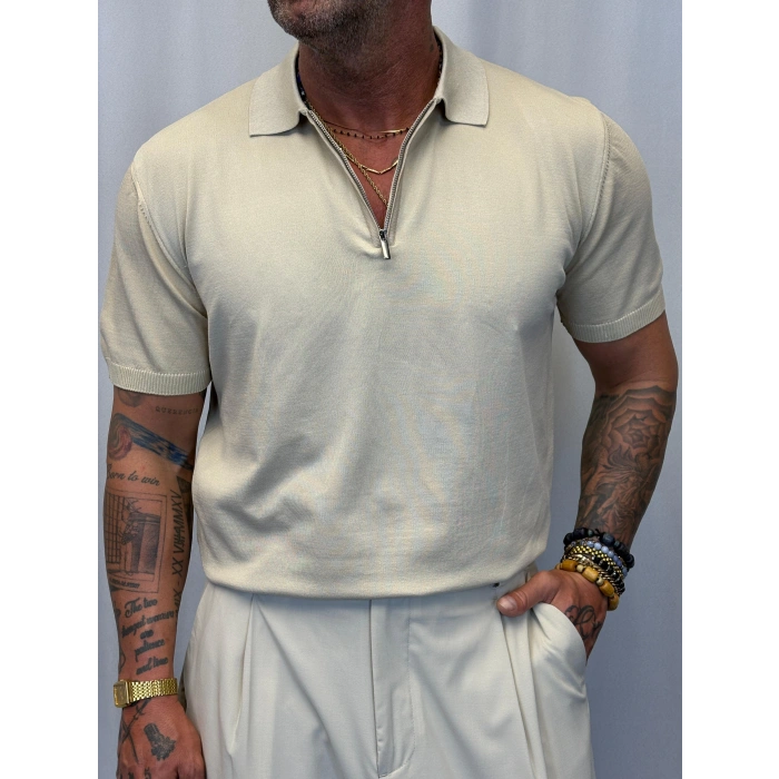 İpek Triko Fermuarlı T-Shirt Bej