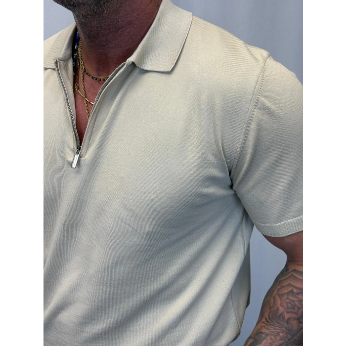 İpek Triko Fermuarlı T-Shirt Bej