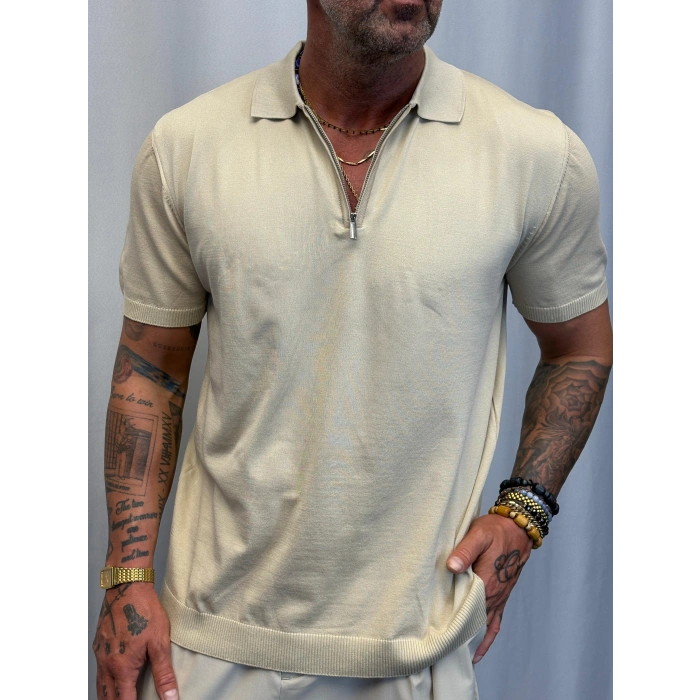 İpek Triko Fermuarlı T-Shirt Bej