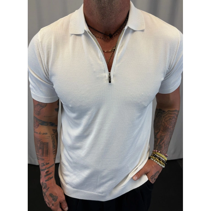 İpek Triko Fermuarlı T-Shirt Beyaz