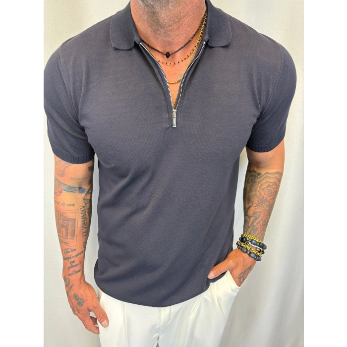 İpek Triko Fermuarlı T-Shirt Lacivert