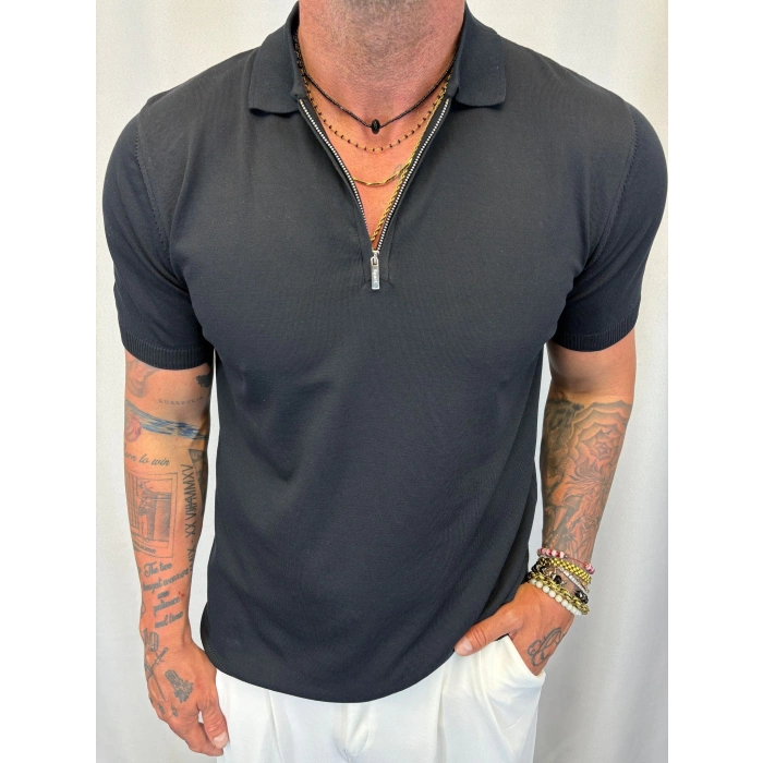 İpek Triko Fermuarlı T-Shirt Siyah