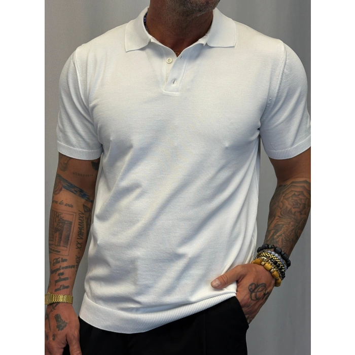 İpek Triko V Yaka Düğmeli T-Shirt Beyaz