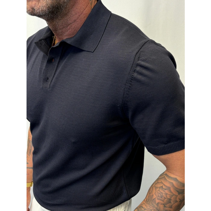 İpek Triko V Yaka Düğmeli T-Shirt Lacivert