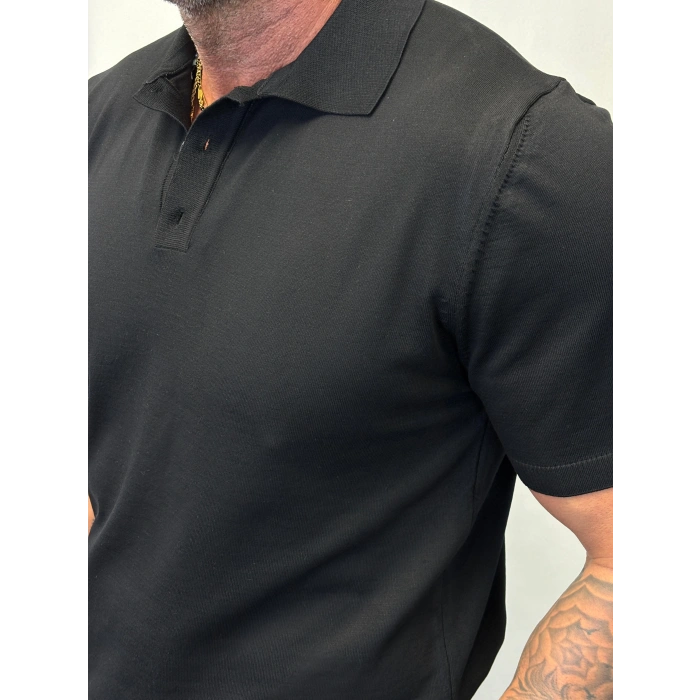 İpek Triko V Yaka Düğmeli T-Shirt Siyah