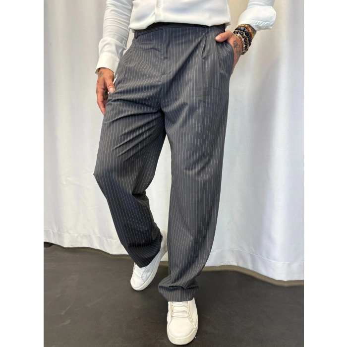 İtalyan Çizgili Pileli Pantolon Füme