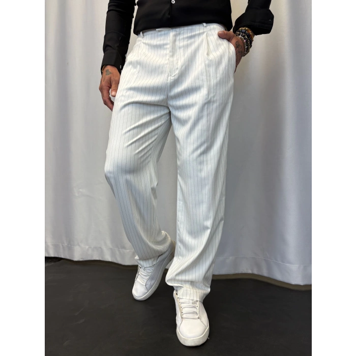 İtalyan Çizgili Pileli Pantolon Beyaz