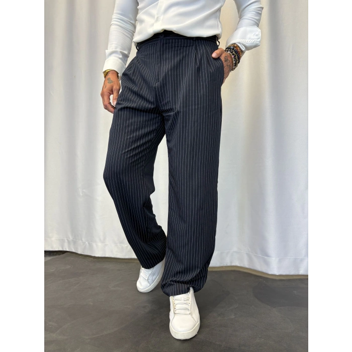 İtalyan Çizgili Pileli Pantolon Koyu Lacivert