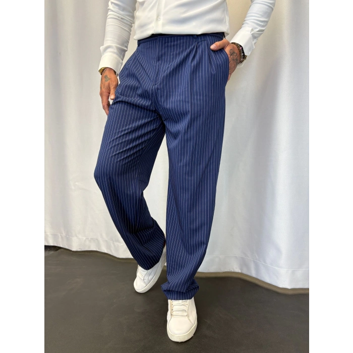 İtalyan Çizgili Pileli Pantolon Lacivert
