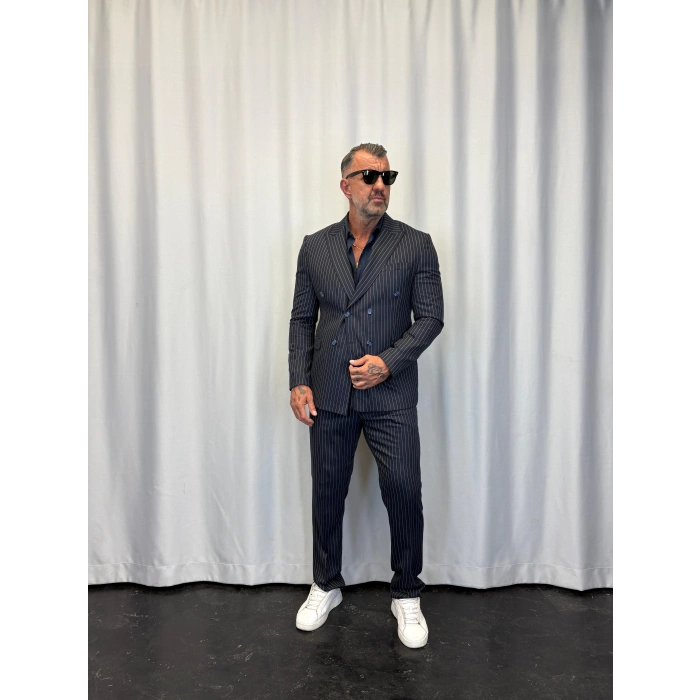 İtalyan Style Çizgili Takım Lacivert