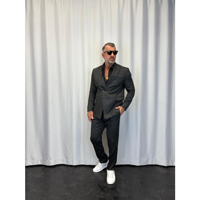 İtalyan Style Çizgili Takım Siyah