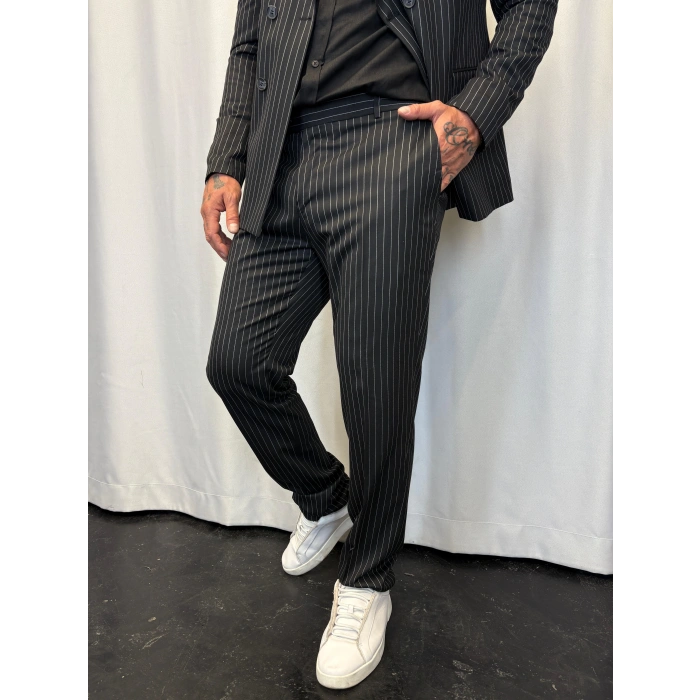 İtalyan Style Çizgili Takım Siyah