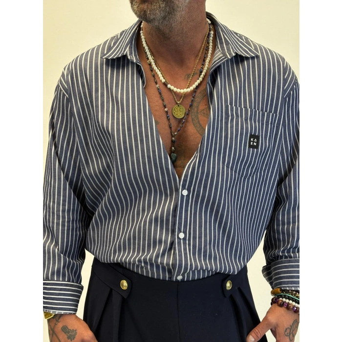 Kaen Çizgili Oversize Gömlek Antrasit