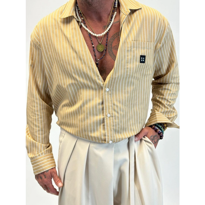 Kaen Çizgili Oversize Gömlek Camel