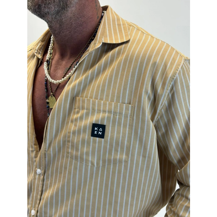 Kaen Çizgili Oversize Gömlek Camel
