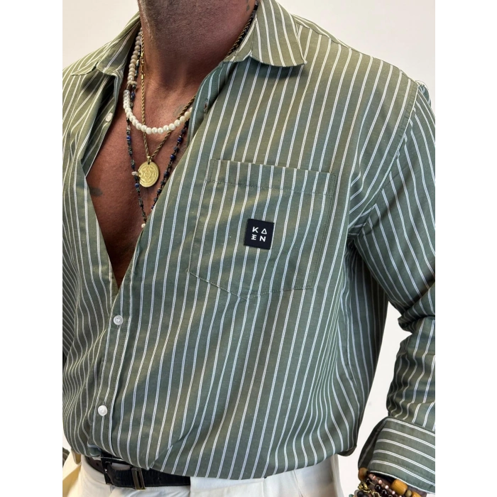 Kaen Çizgili Oversize Gömlek Haki