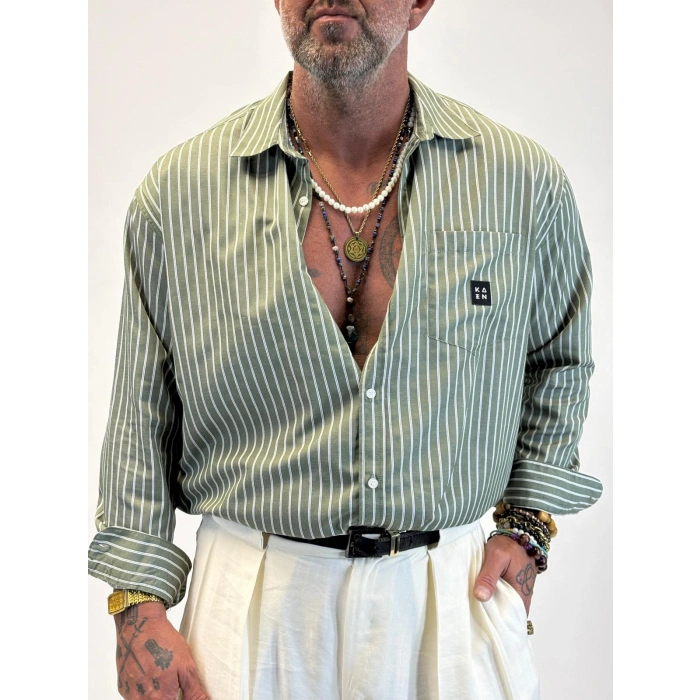 Kaen Çizgili Oversize Gömlek Haki