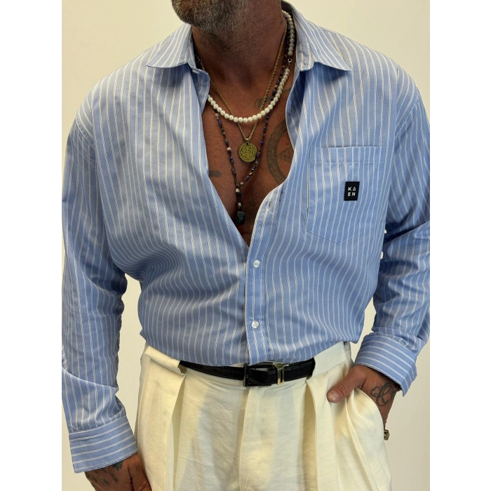 Kaen Çizgili Oversize Gömlek Mavi